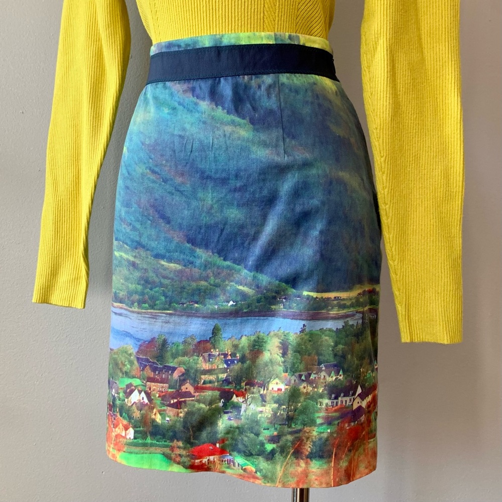 Anthropologie Meadow Rue Photorealism River Scene Pencil Skirt • size 6